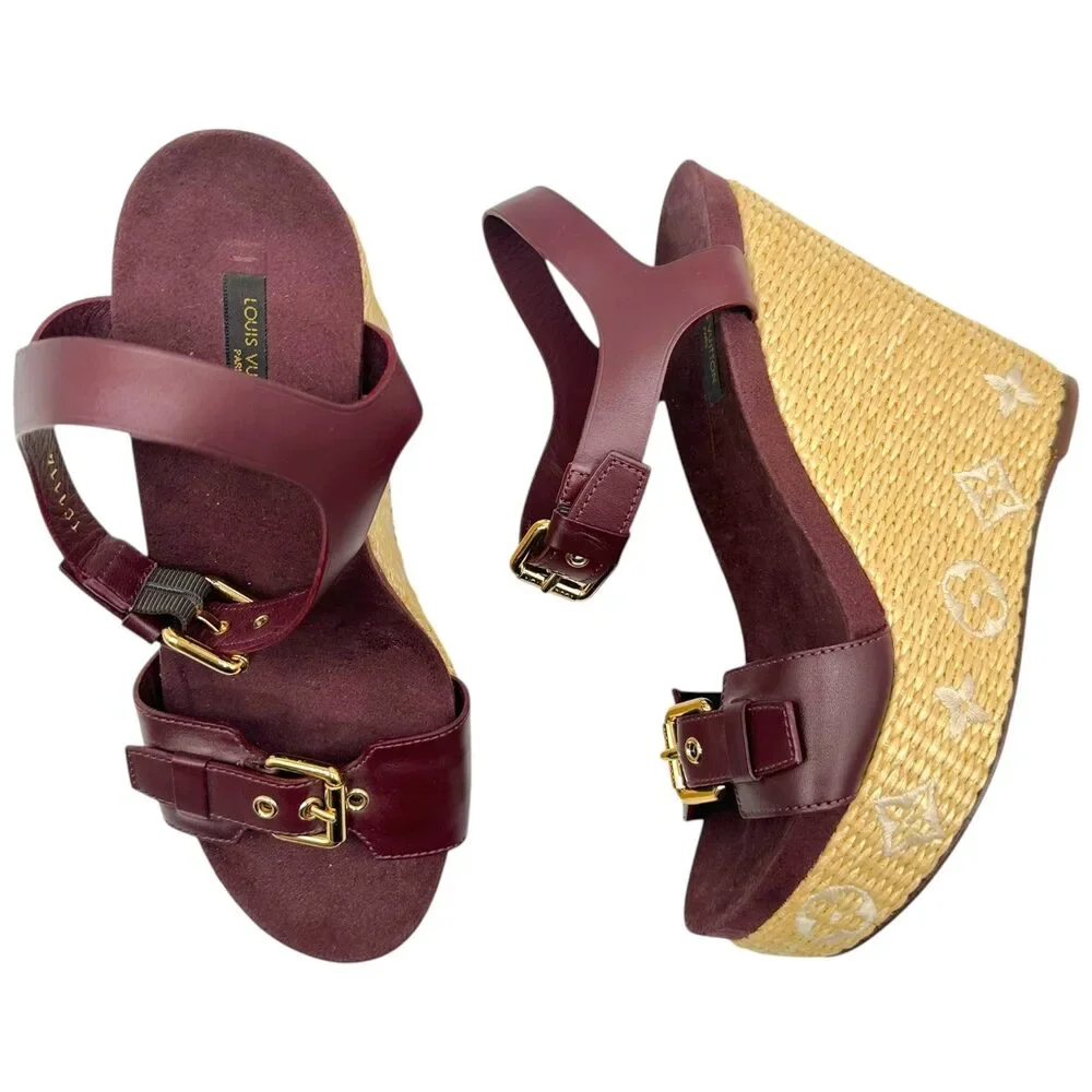 Louis Vuitton Raffia Logo & Burgundy Leather Platform Wedge Sandals - Picture 2 of 10